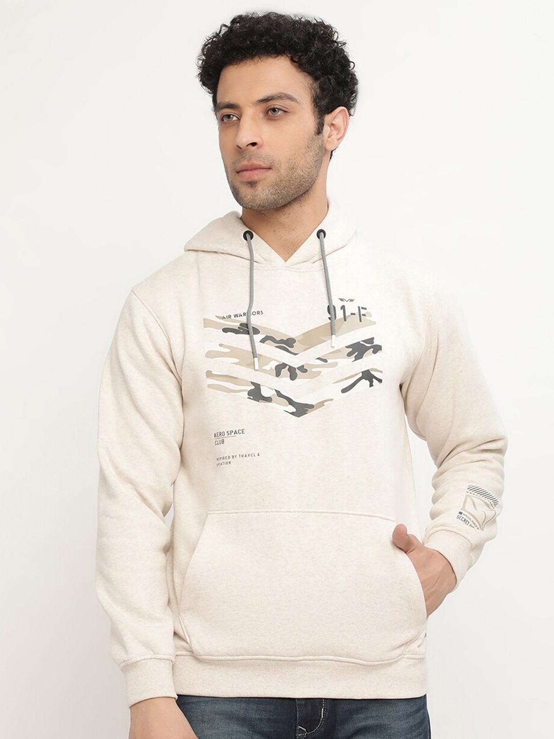 

Octave Men Cream-Coloured Printed Hooded Fleece Sweatshirt