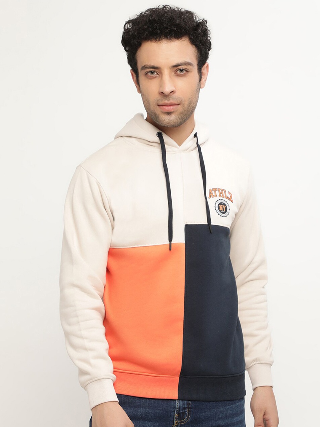 

Octave Men Cream-Coloured Colourblocked Hooded Fleece Sweatshirt