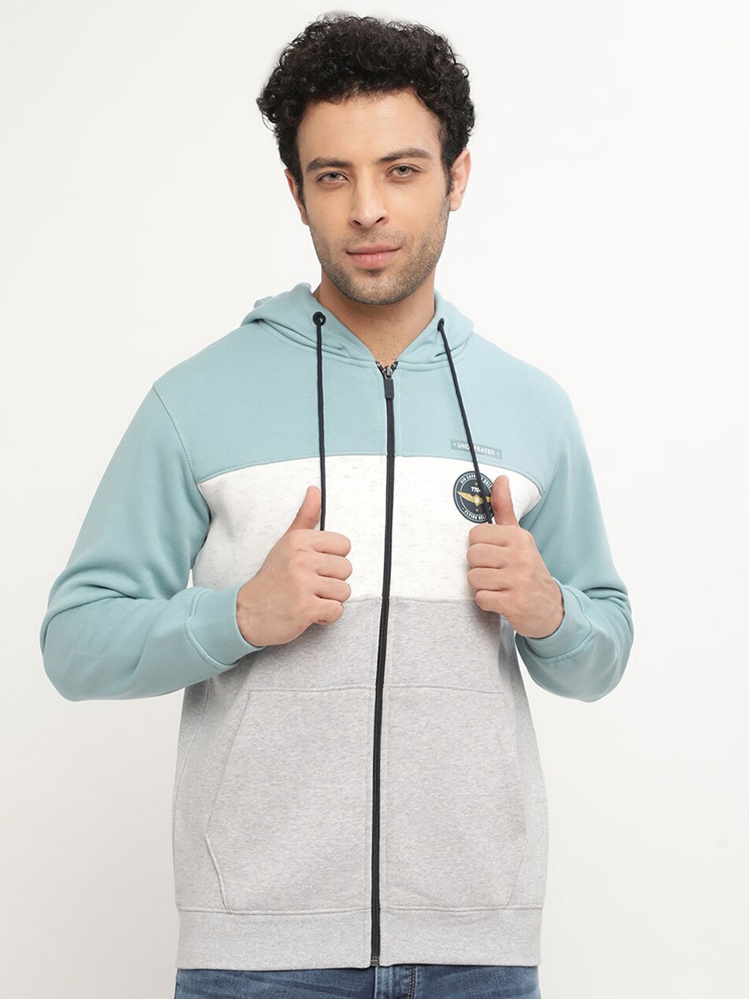 

Octave Men Blue Colourblocked Hooded Fleece Sweatshirt