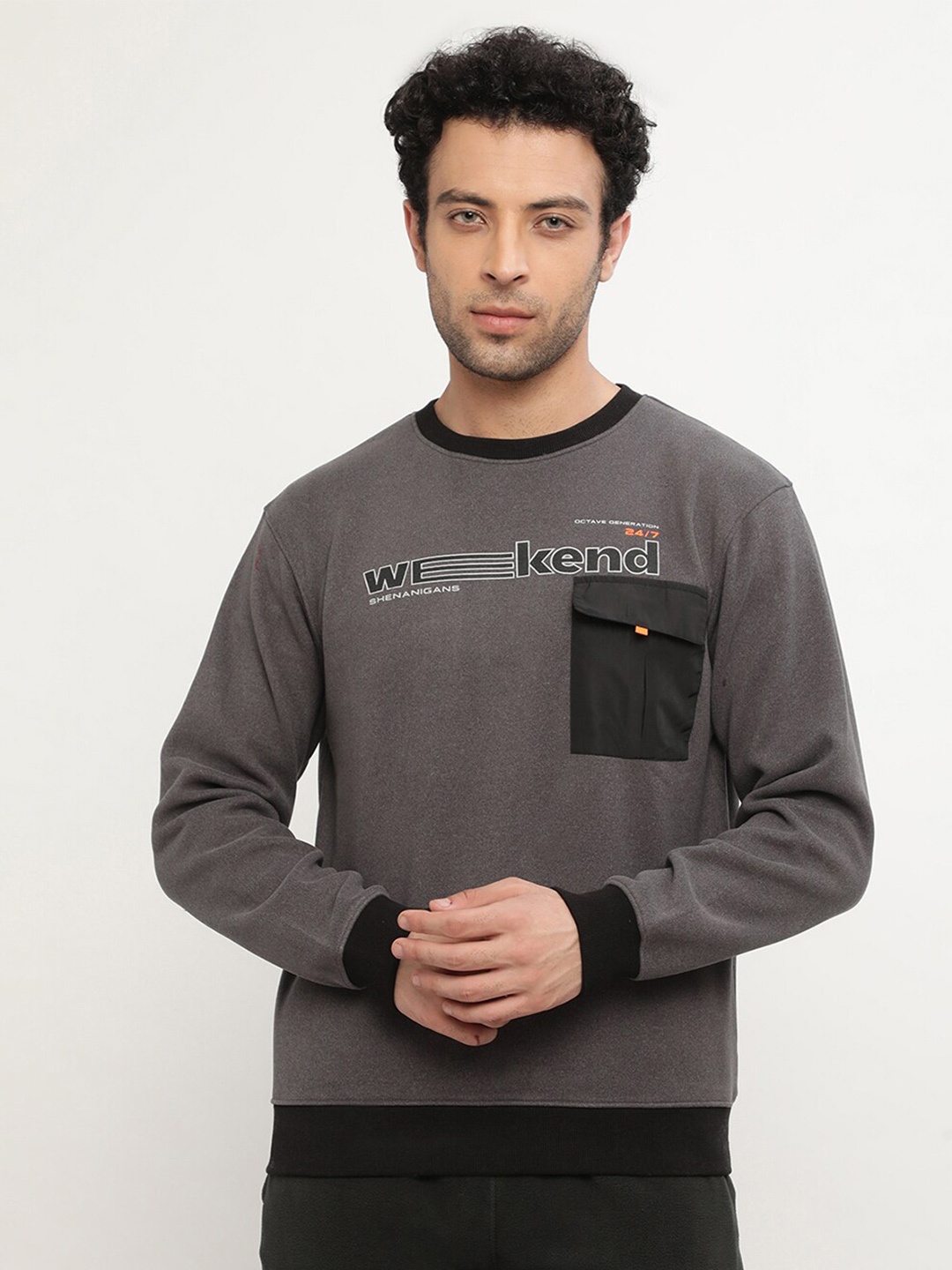 

Octave Men Grey Printed Fleece Sweatshirt