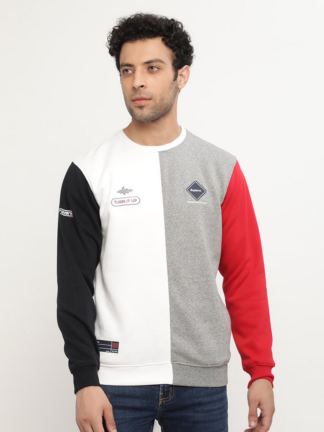 

Octave Men Plus Size Grey & White Colourblocked Fleece Sweatshirt