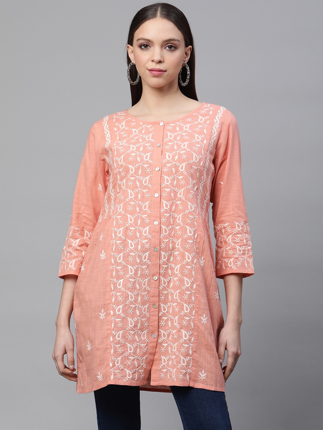 

akheri Embroidered Longline Top, Peach