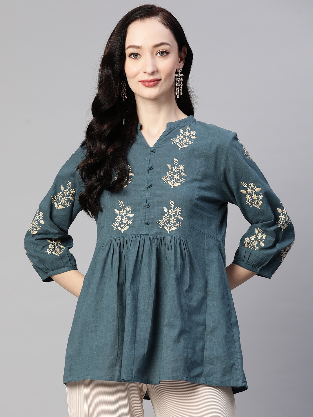 

akheri Floral Embroidered Peplum Longline Top, Teal