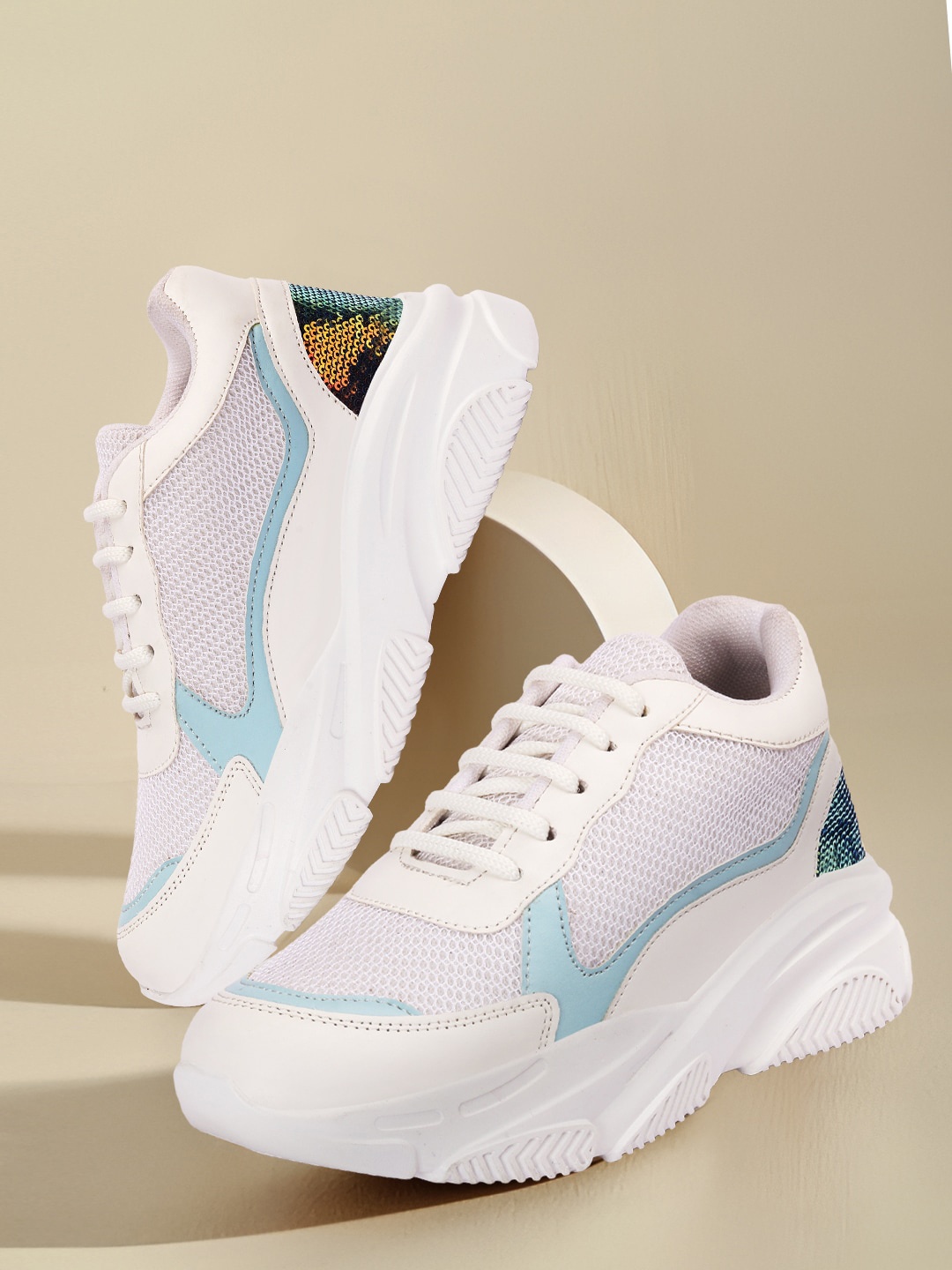 

Bella Toes Women White & Turquoise Blue Woven Design Mesh Sneakers