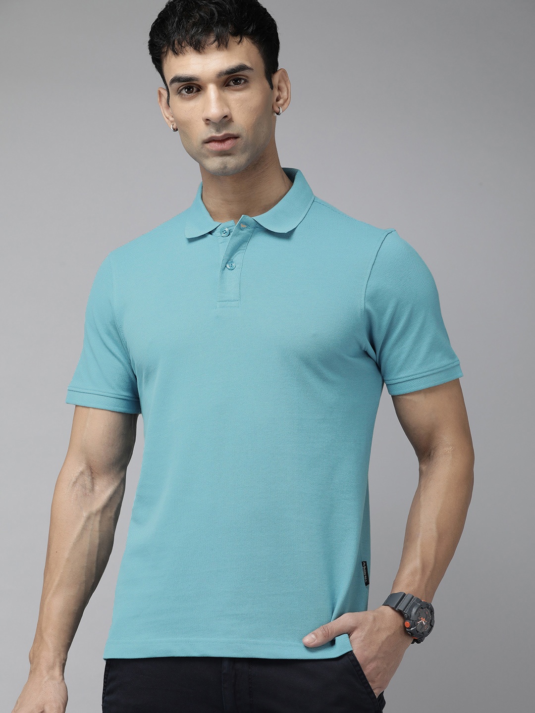 

The Roadster Life Co. Men Pure Cotton Solid Polo Collar T-shirt, Blue