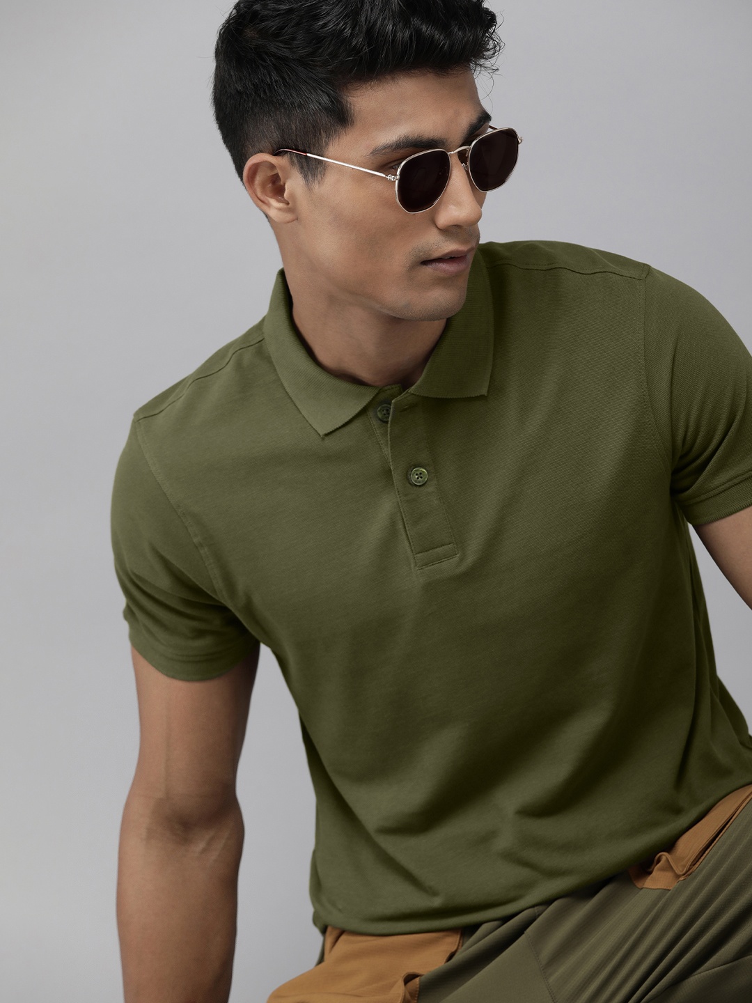 

The Roadster Life Co. Men Pure Cotton Polo Collar T-shirt, Olive