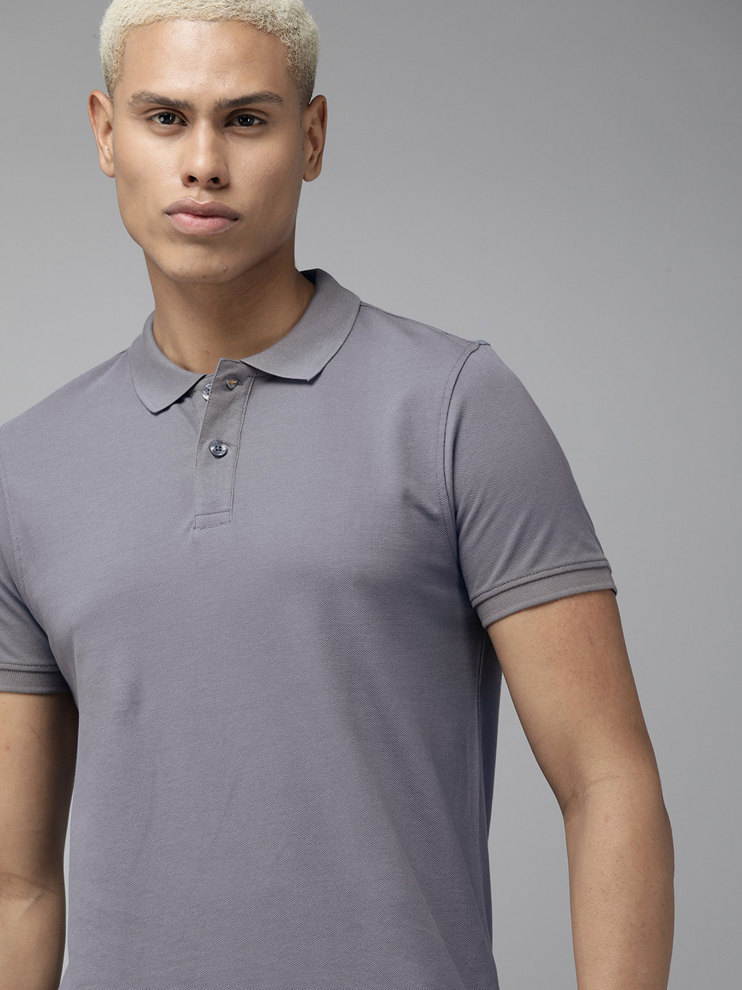 

The Roadster Life Co. Men Pure Cotton Solid Polo Collar T-shirt, Grey