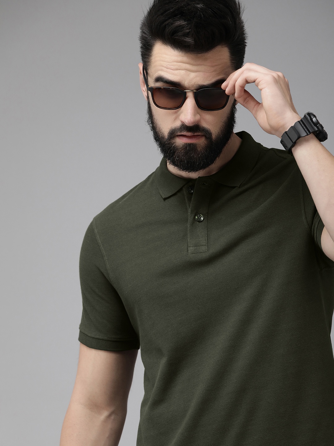 

The Roadster Life Co. Men Pure Cotton Polo Collar T-shirt, Olive