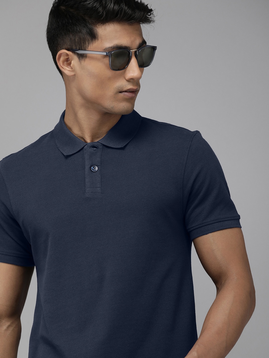 

The Roadster Life Co. Men Polo Collar Pure Cotton T-shirt, Navy blue