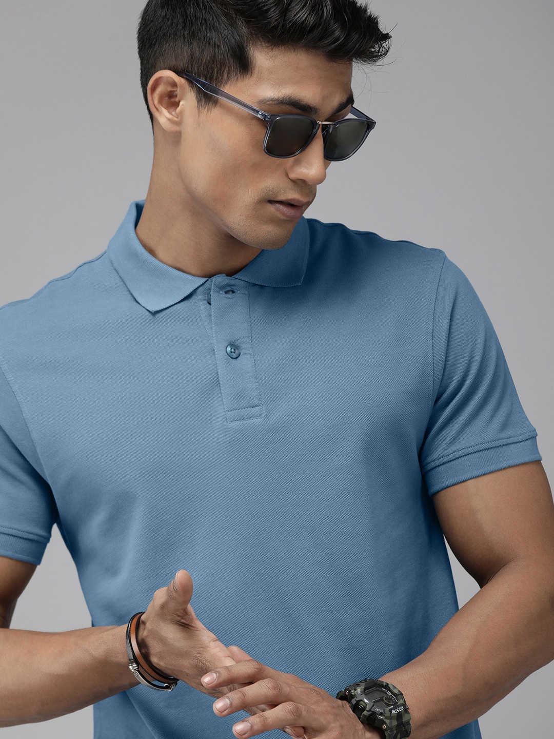 

The Roadster Life Co. Men Pure Cotton Polo Collar T-shirt, Blue
