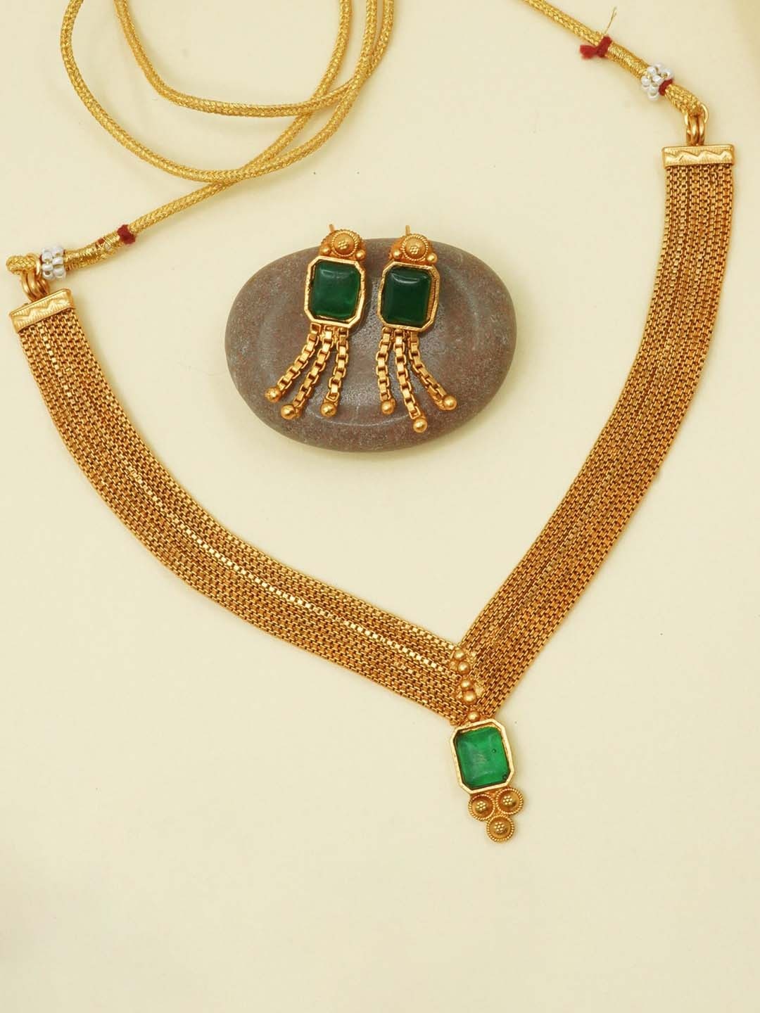 GRIIHAM Women Green Gold-Plated White CZ Stone-Studded Jewellery Set