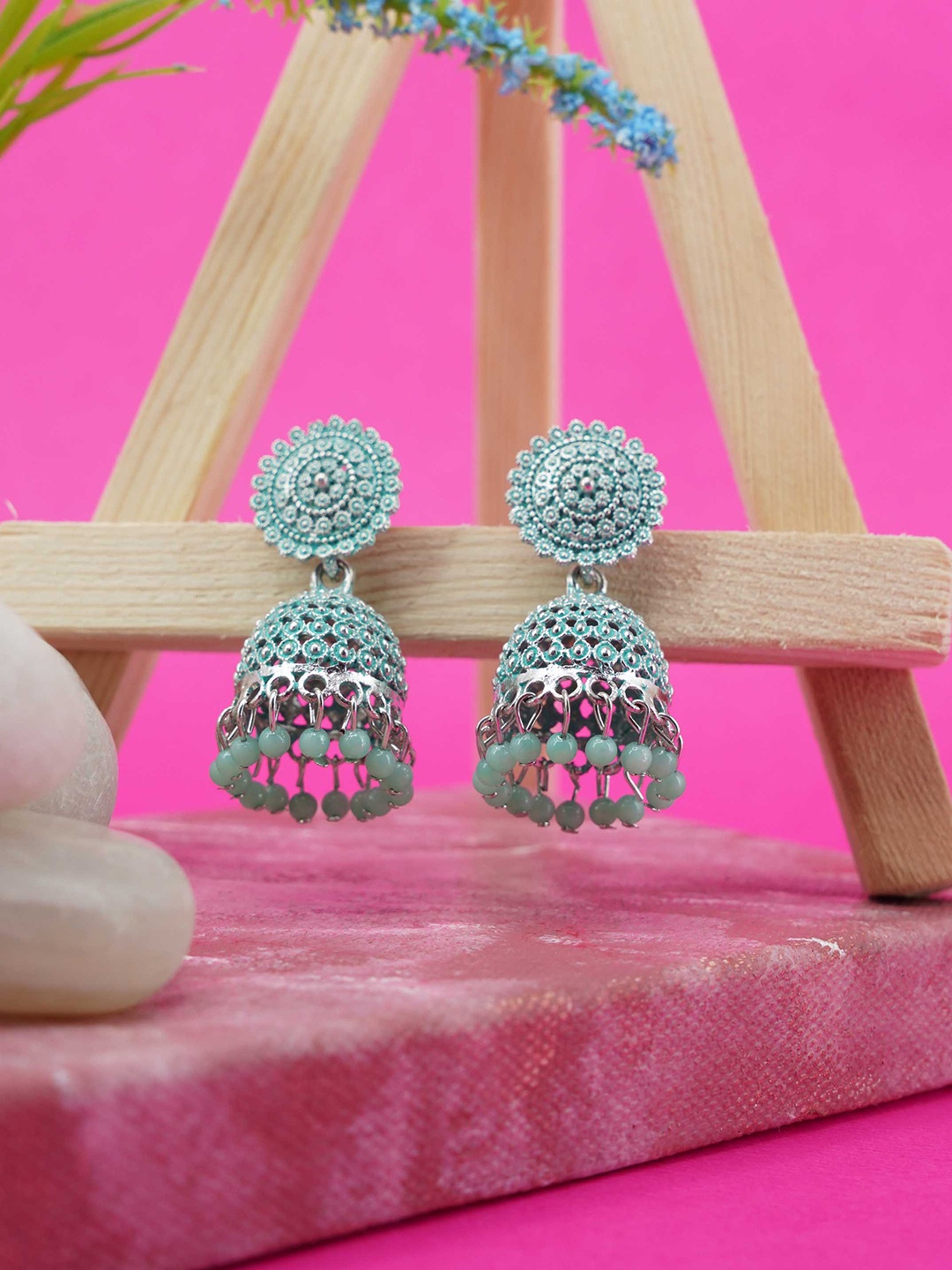 

GRIIHAM Women Silver Plated Pink Dome Shaped Jhumkas Earrings