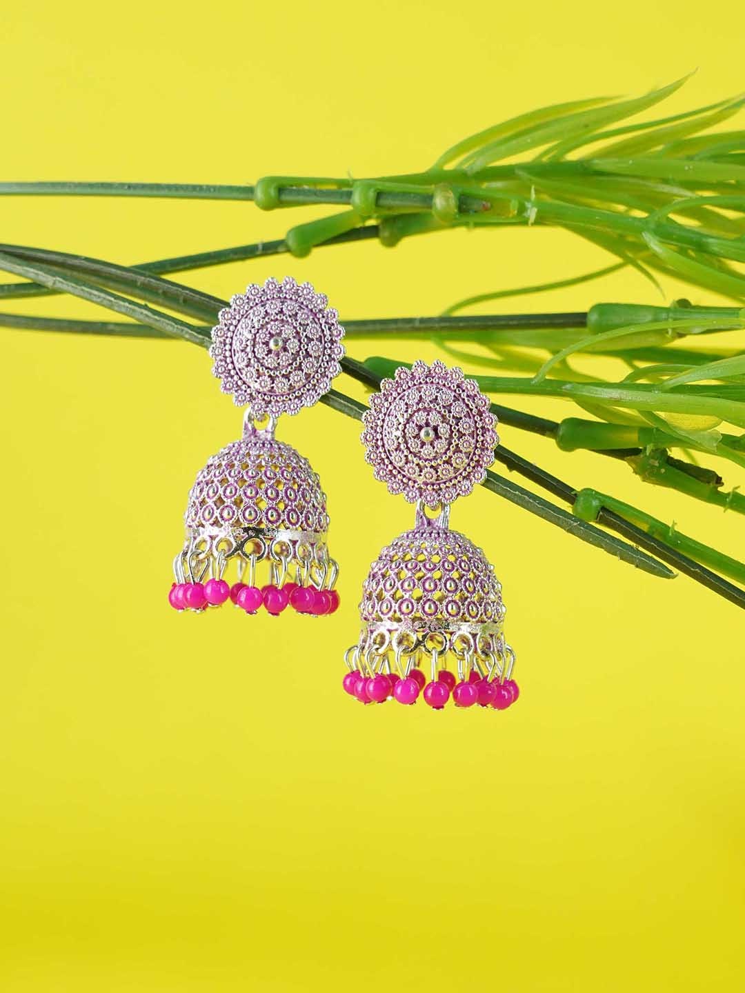 

GRIIHAM Women Silver Plated Oxidised Pink Dome Shaped Jhumkas Earrings