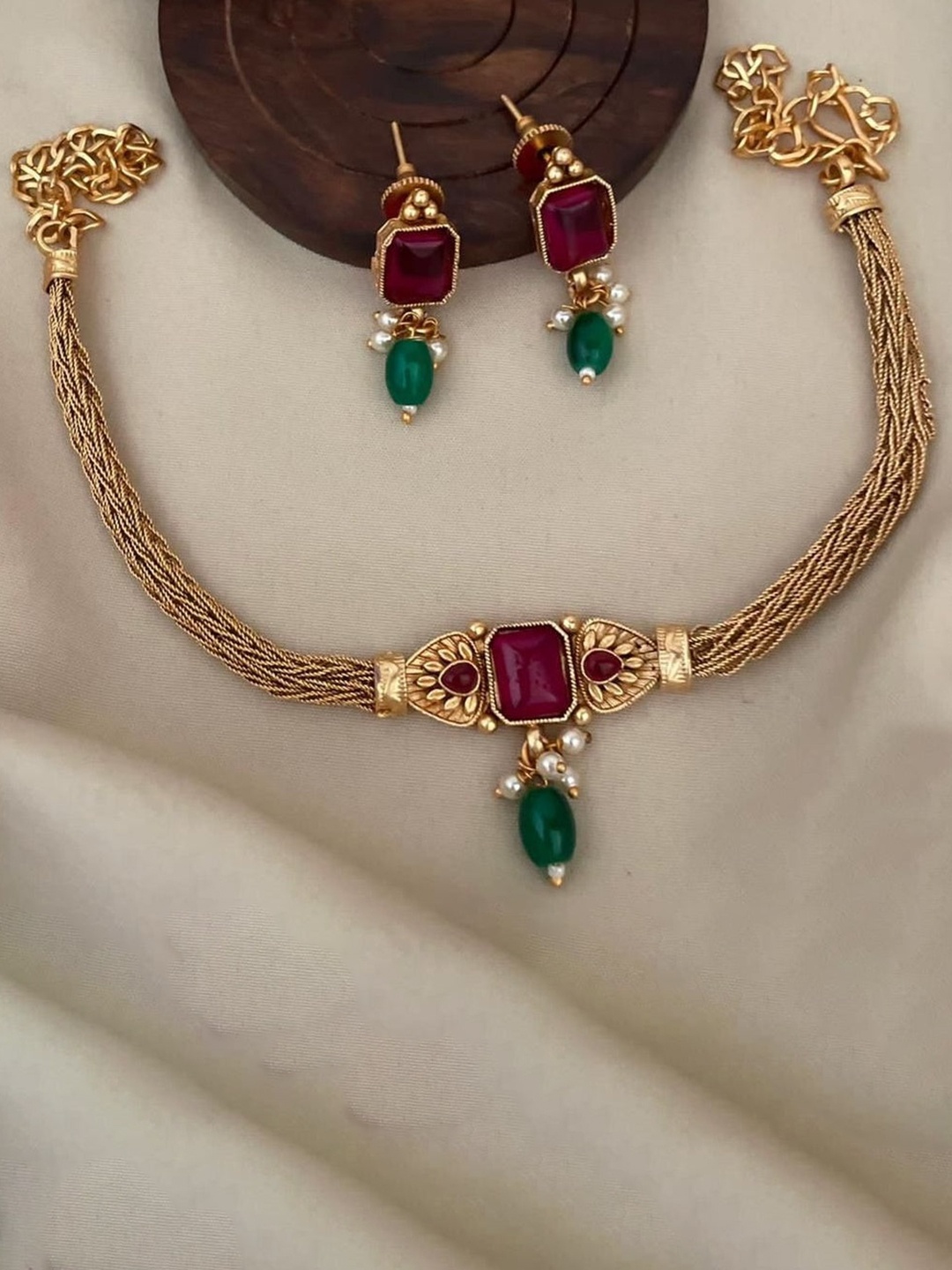 

GRIIHAM Women Gold-Plated Pink & Green CZ Studded Jewellery Set