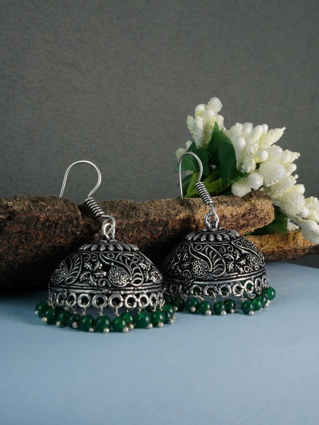 

GRIIHAM Women Silver Oxidised Green Dome Shaped Jhumkas Earrings