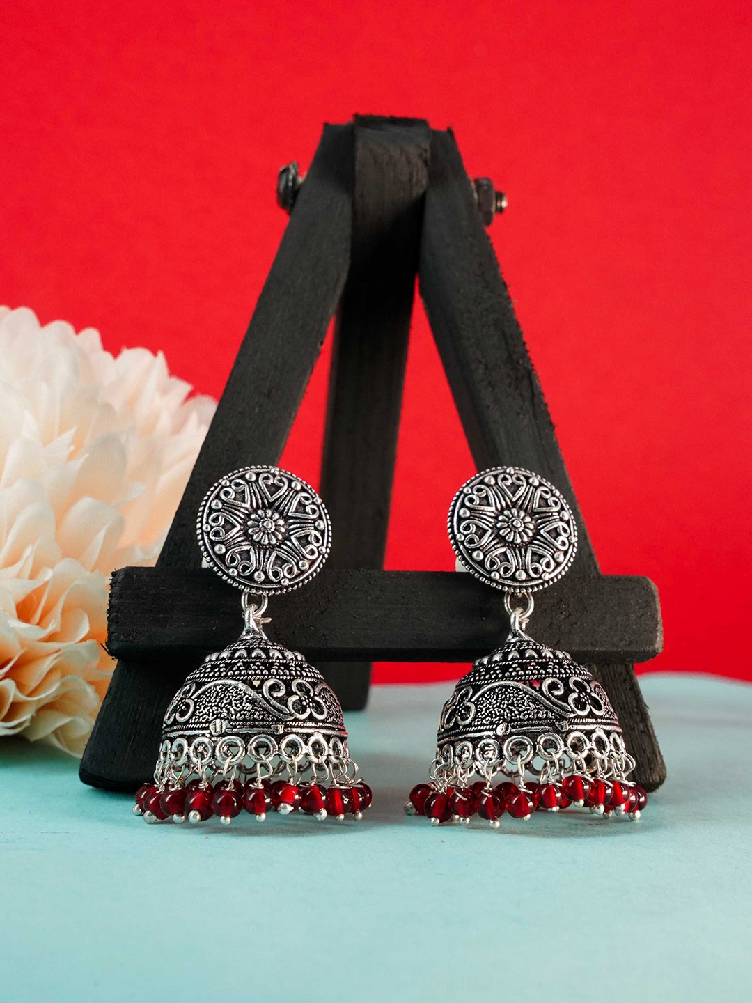 

GRIIHAM Women Silver Oxidised Red Dome Shaped Jhumkas Earrings