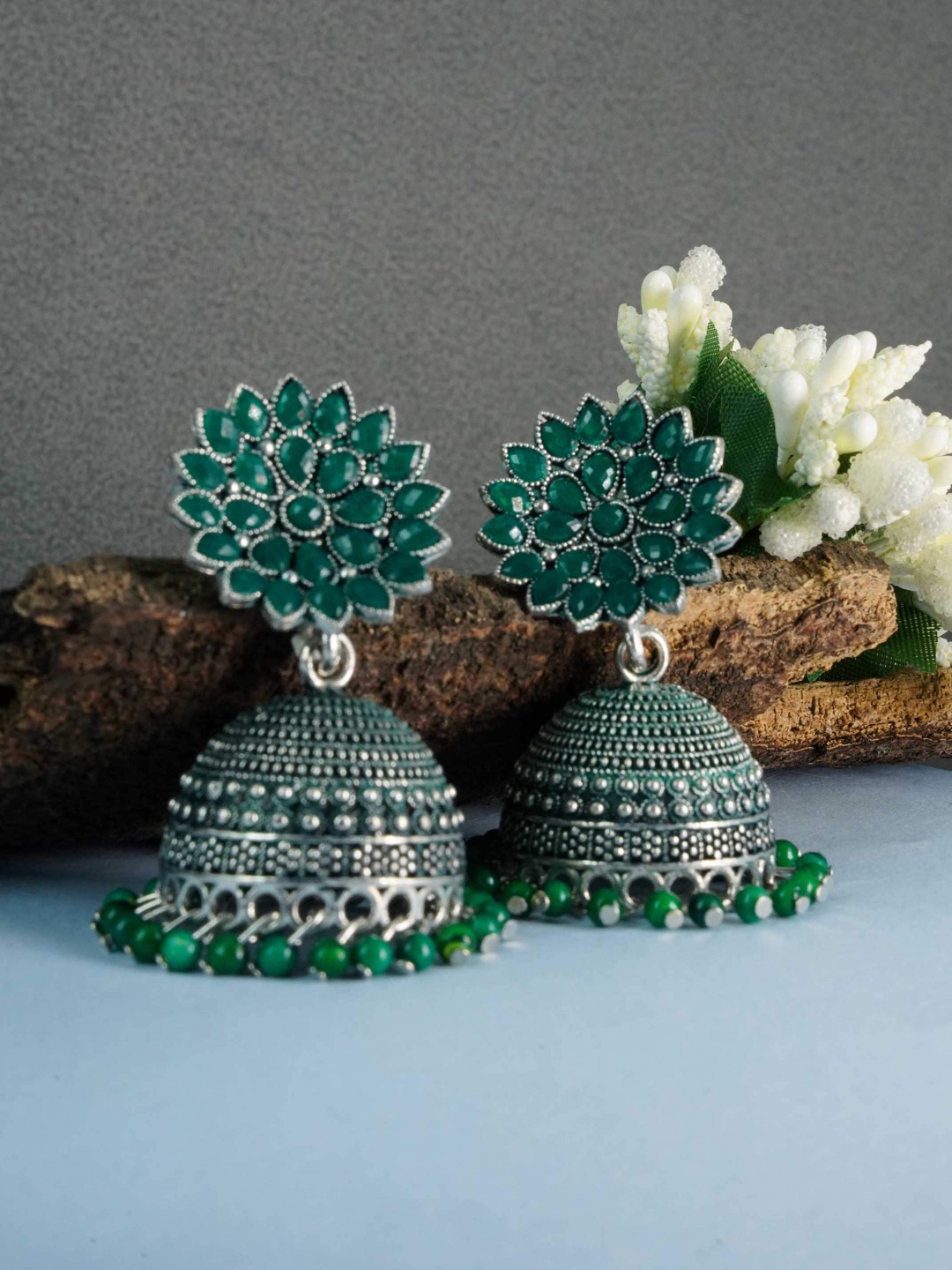 

GRIIHAM Women Green Silver Oxidised Dome Shaped Jhumkas Earrings