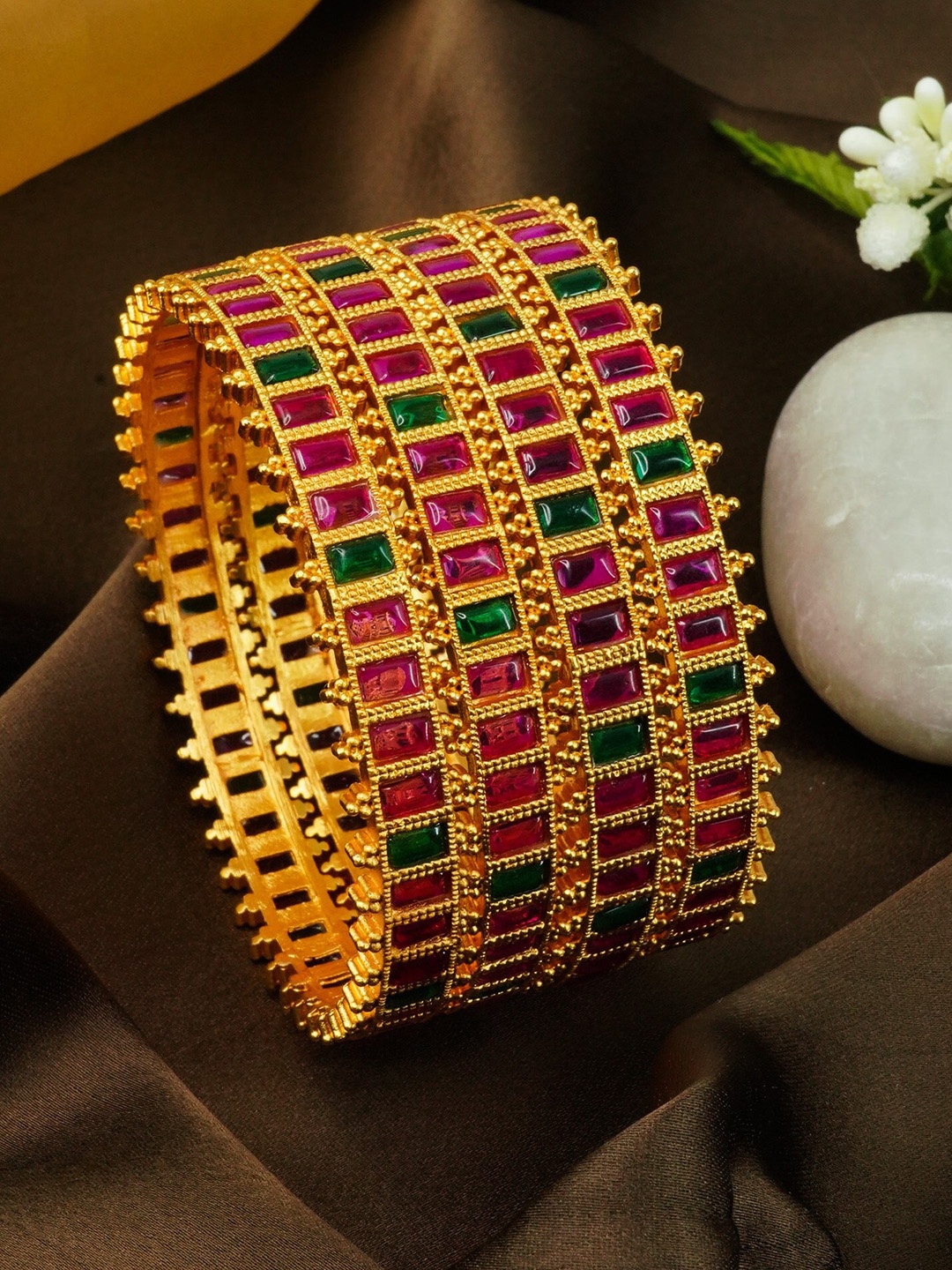 

GRIIHAM Set of 4 Gold-Plated Green & Pink AD Studded Bangles
