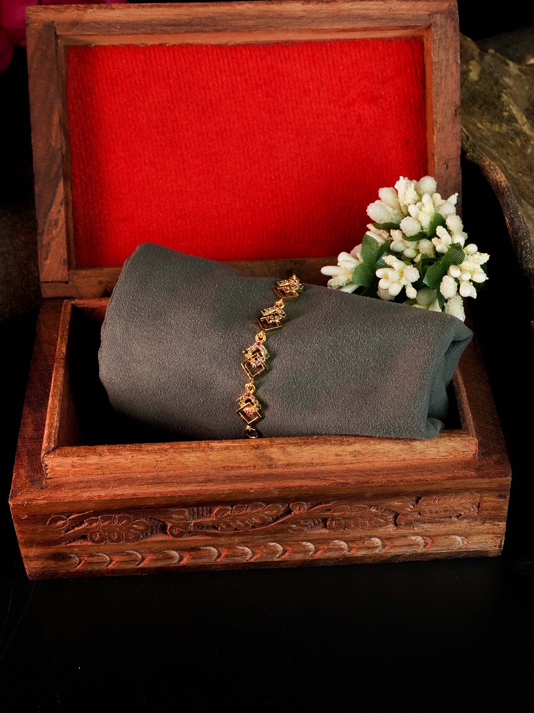 

GRIIHAM Gold-Plated White & Red AD Stones Studded Single Kada Bangle