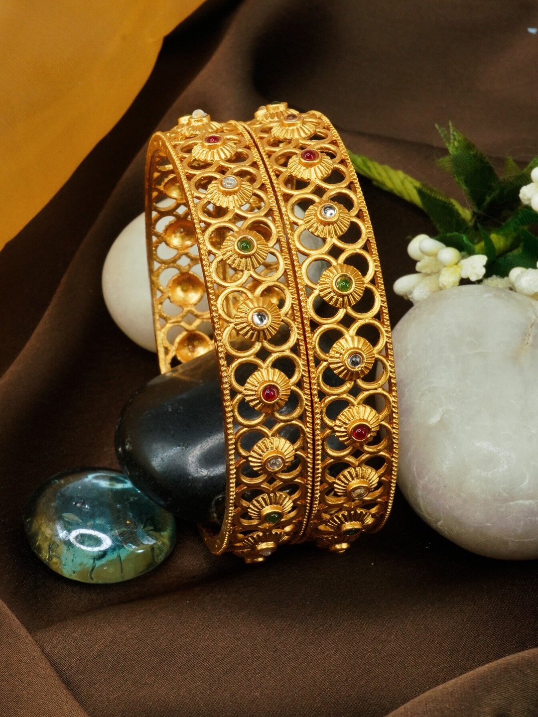 

GRIIHAM Set Of 2 Gold-Plated Pink & Green AD-Studded Bangles