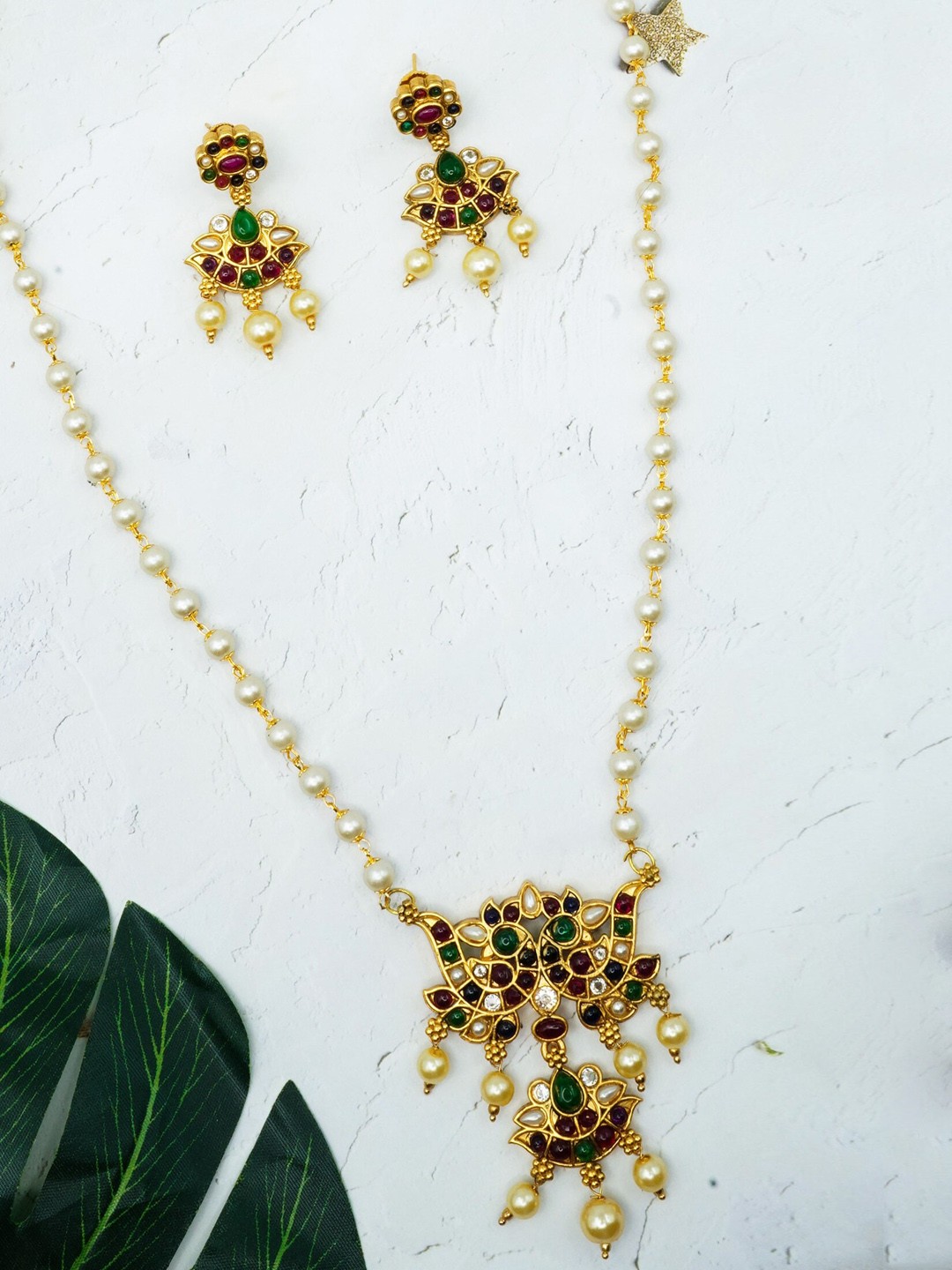 

GRIIHAM Gold-Plated Red & Green CZ Stone-Studded & Beaded Jewellery Set