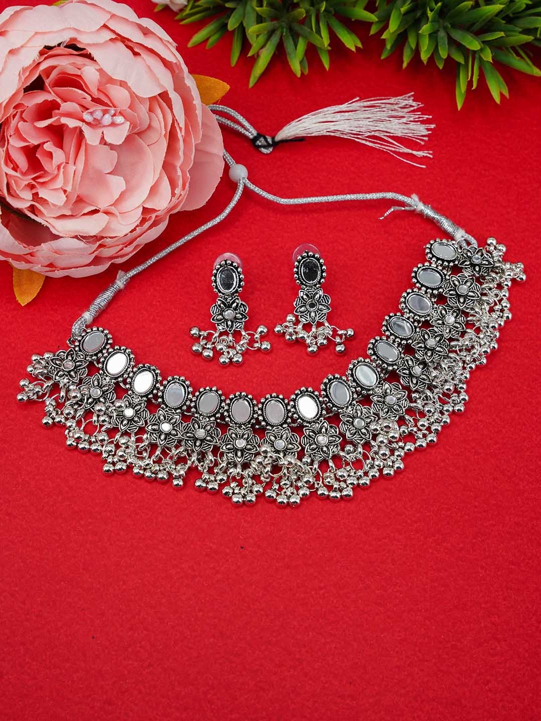 

GRIIHAM Women Silver Plated oxidised White Stone-Studded & Mirror Beaded Jewellery Set