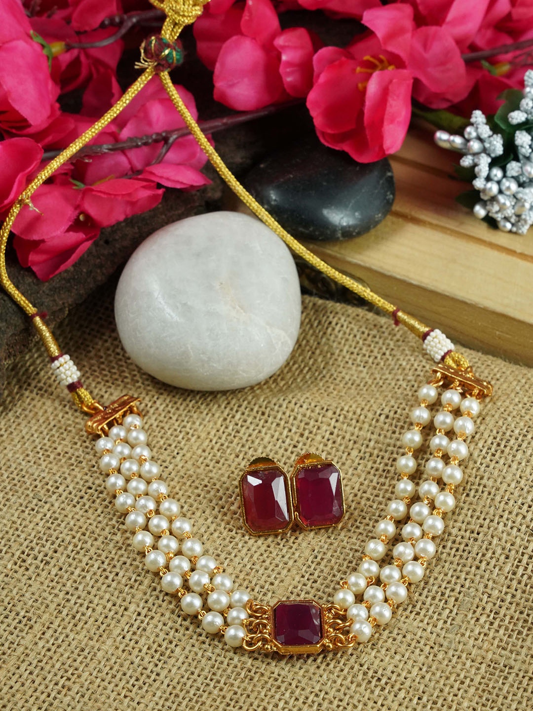 

GRIIHAM Women Gold-Plated Red CZ-Studded Jewellery Set