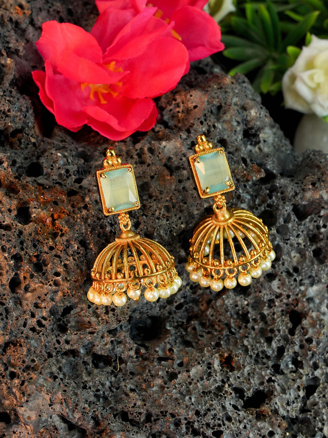 

GRIIHAM Women Gold Plated Fluorescent Green Dome Shaped Jhumkas Earrings