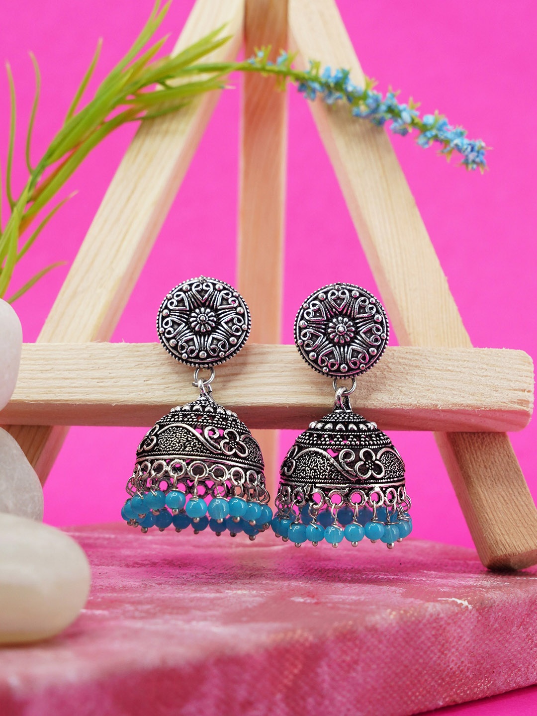 

GRIIHAM Women Silver Oxidised Blue Dome Shaped Jhumkas Earrings