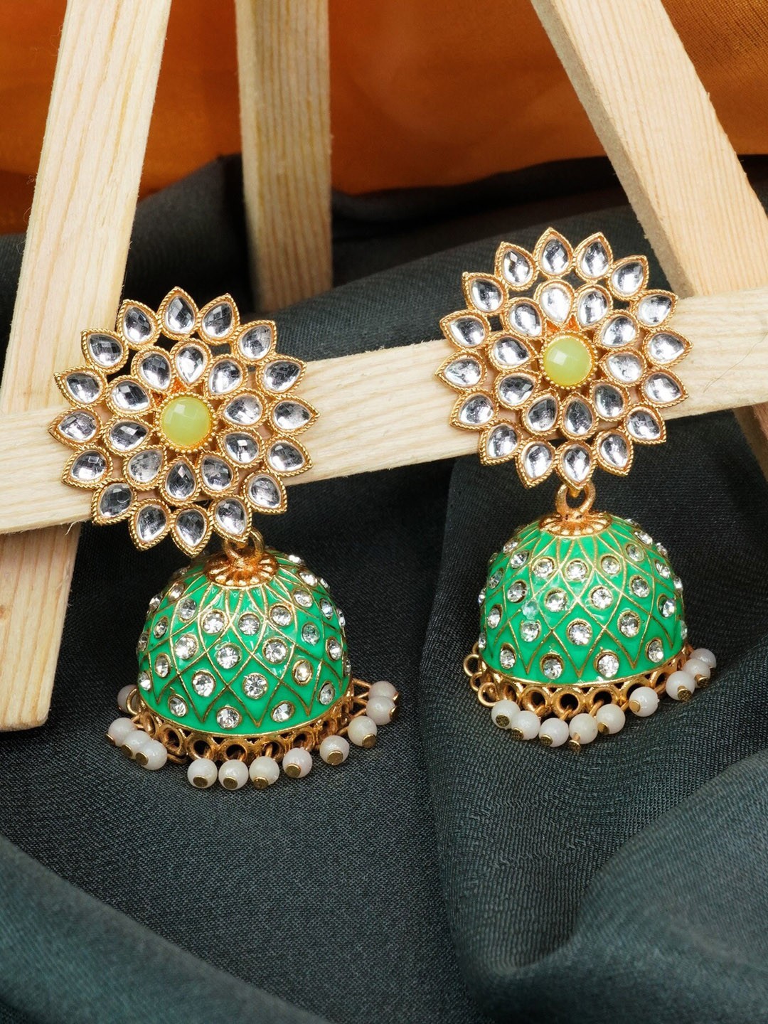 

GRIIHAM Women Gold-Plated Sea Green Dome Shaped Jhumkas Earrings