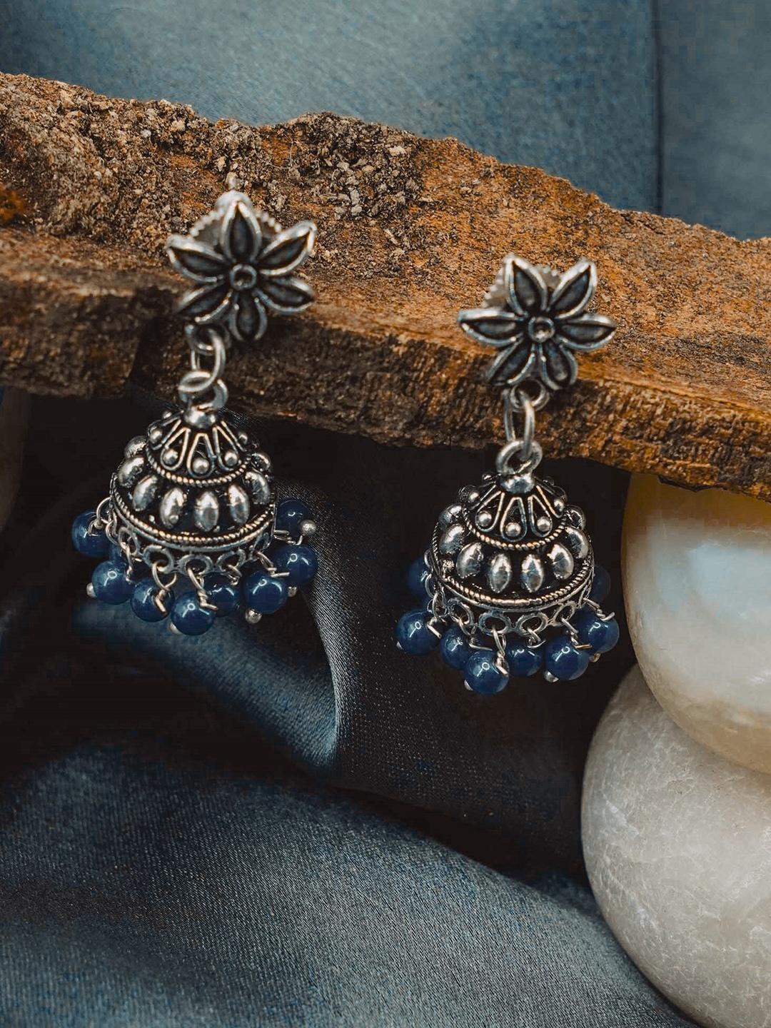 

GRIIHAM Women Silver Oxidised Blue Dome Shaped Jhumkas Earrings