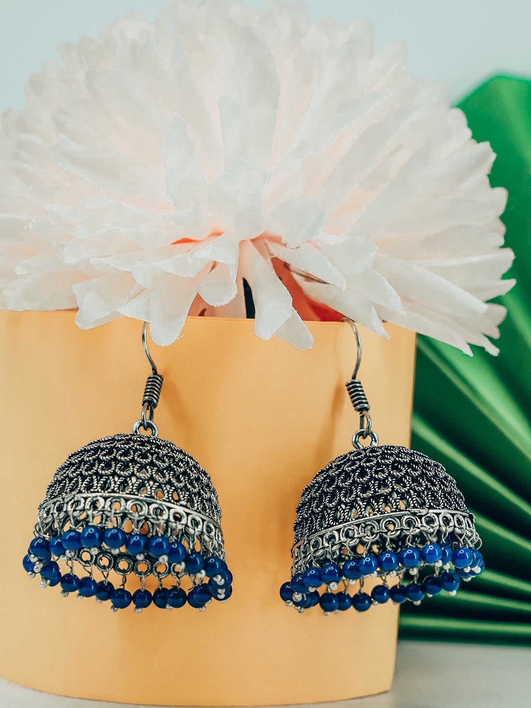 

GRIIHAM Women Silver Oxidised Blue Dome Shaped Jhumkas Earrings
