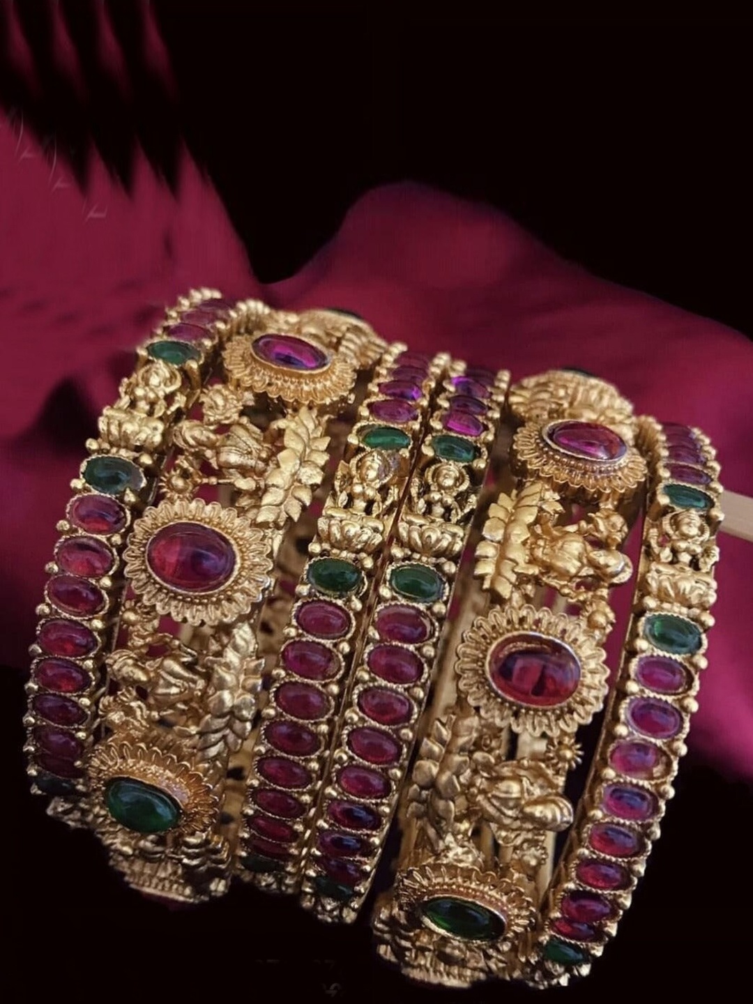 

GRIIHAM Set of 6 Gold-Plated Green & Red AD Studded Bangles