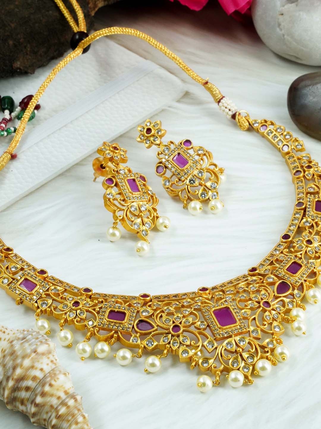 

GRIIHAM Purple Gold-Plated CZ-Studded Jewellery Set