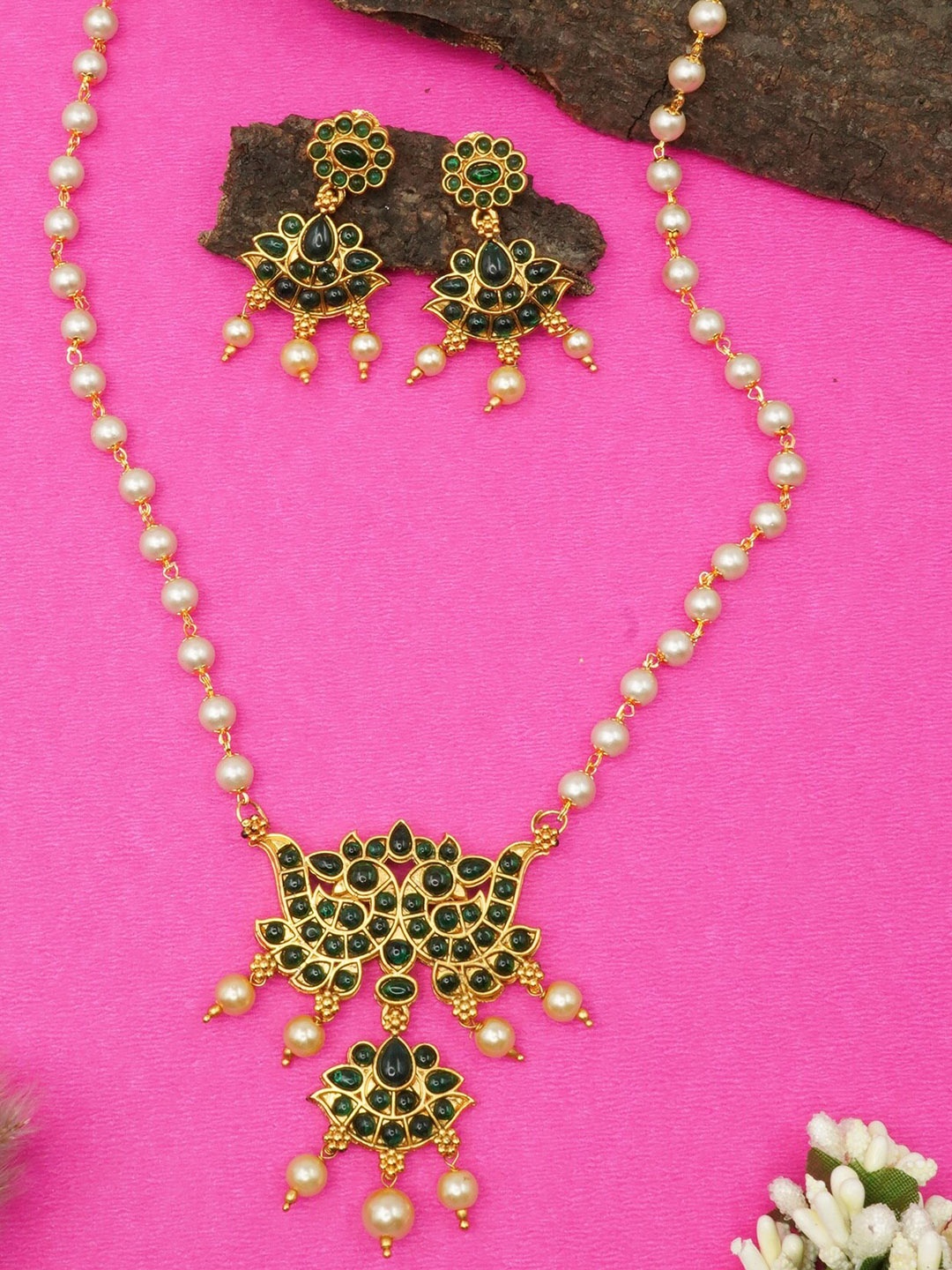

GRIIHAM Gold-Plated White & Green CZ Studded Jewellery Set