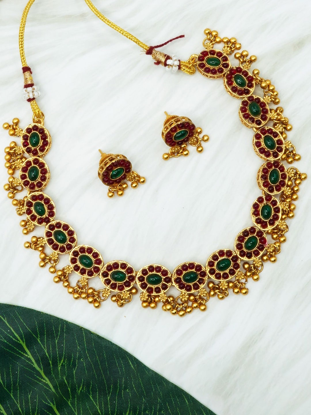 

GRIIHAM Gold-Plated & Red CZ-Studded & Beaded Jewellery Set