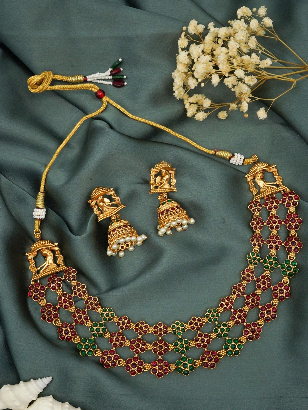 

GRIIHAM Gold-Plated & Red CZ Stone-Studded Jewellery Set