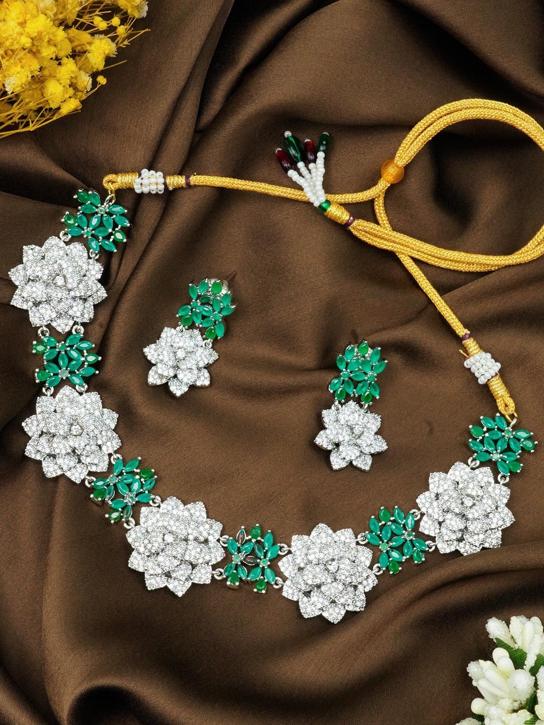 

GRIIHAM Gold-Plated Sea Green & White CZ Studded Jewellery Set