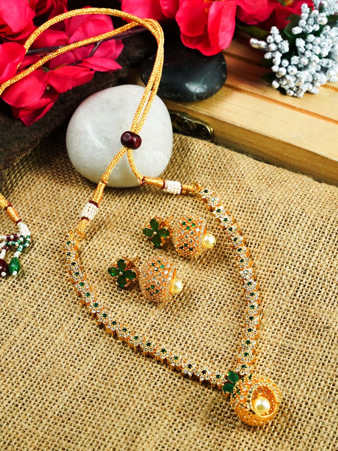 

GRIIHAM Gold-Plated Blue CZ-Studded & Beaded Jewellery Set