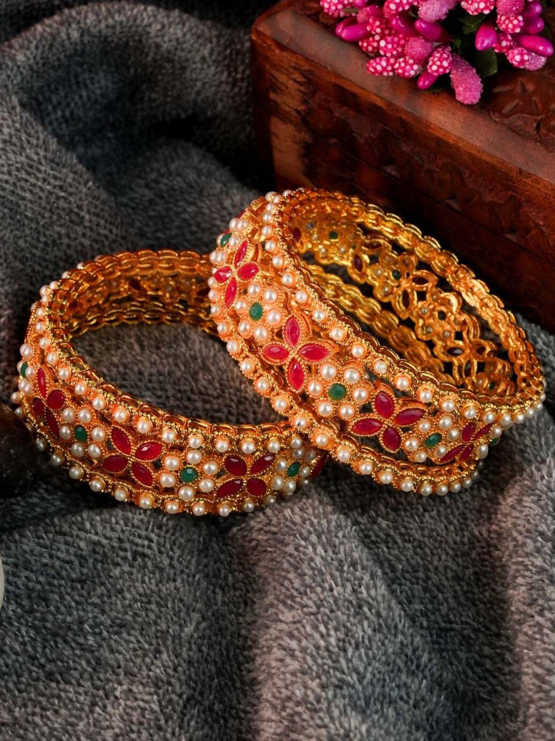 

GRIIHAM Set Of 6 Gold-Plated Red AD-Studded Bangles