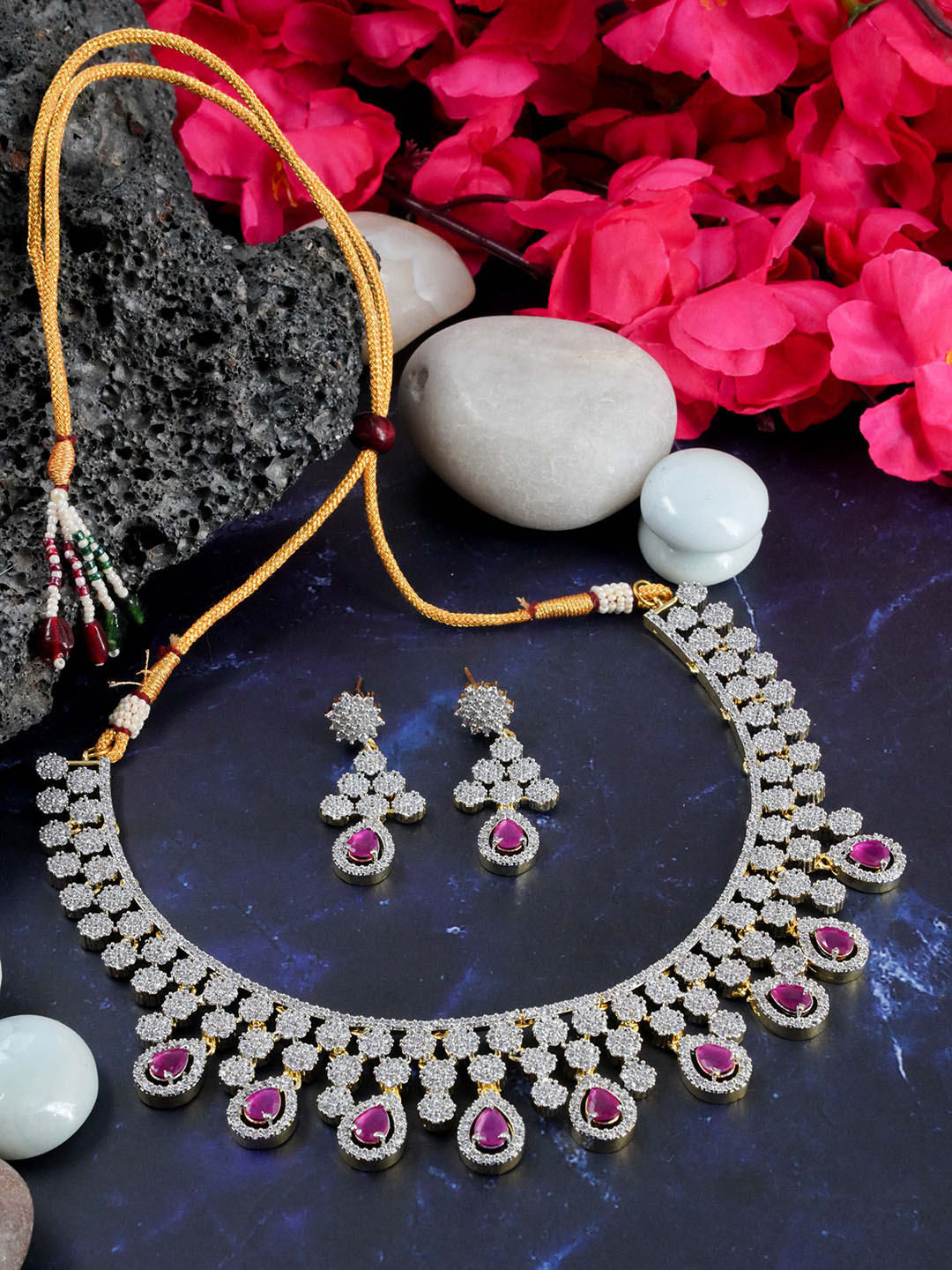 

GRIIHAM Sayara Collection Gold-Plated Red & White CZ Stone-Studded & Star-Charm Jewellery Set