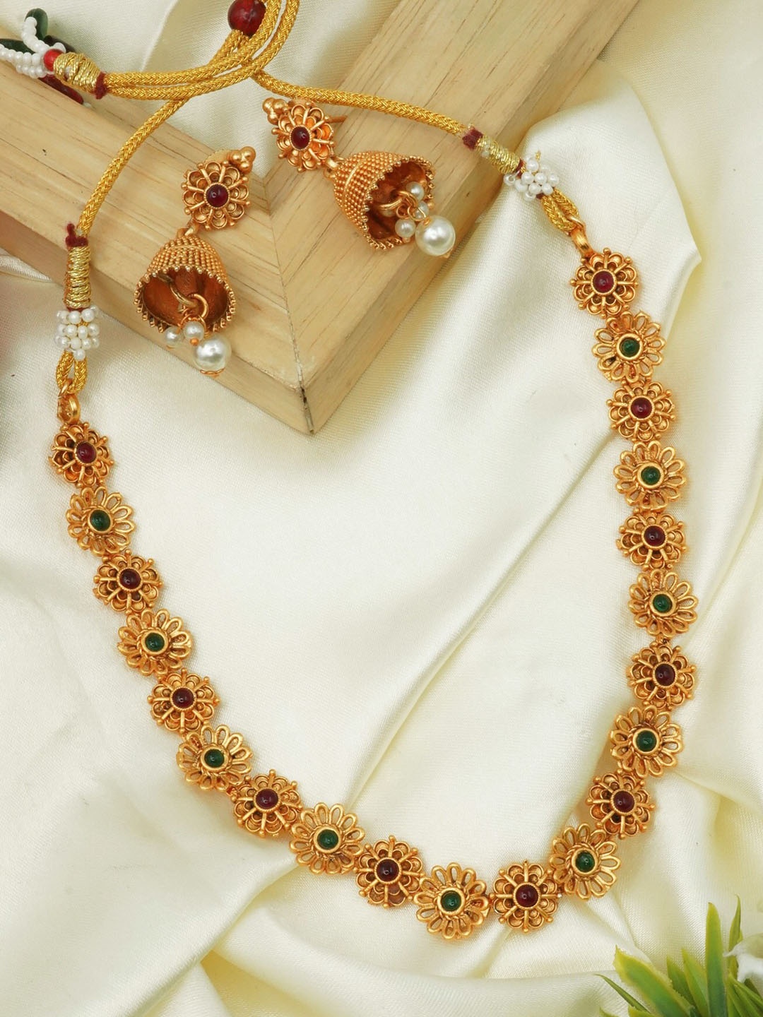 

GRIIHAM Gold-Plated Green CZ-Studded Jewellery Set