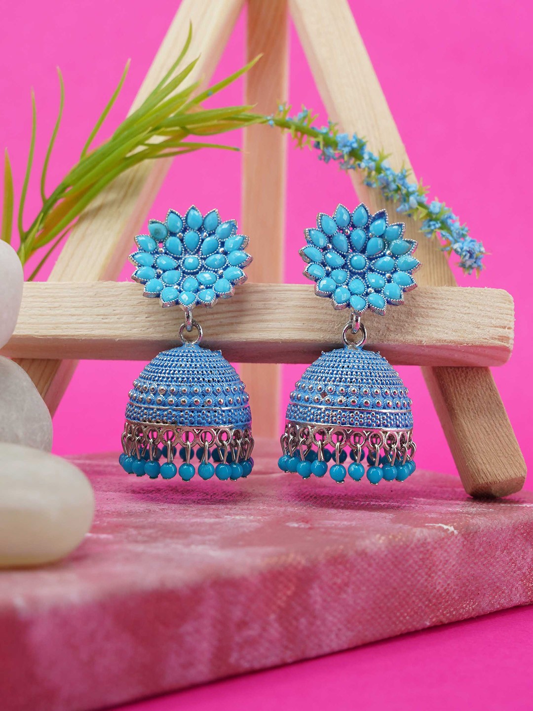 

GRIIHAM Blue Silver Plated Dome Shaped Drop Earrings