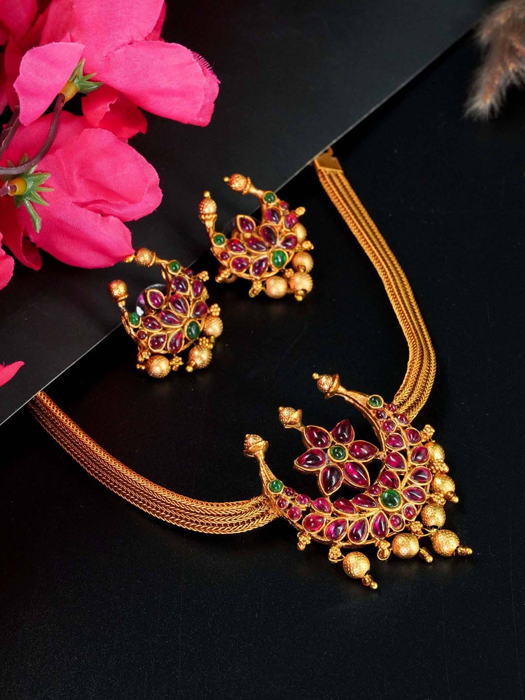 

GRIIHAM Gold-Plated Red CZ-Studded Jewellery Set