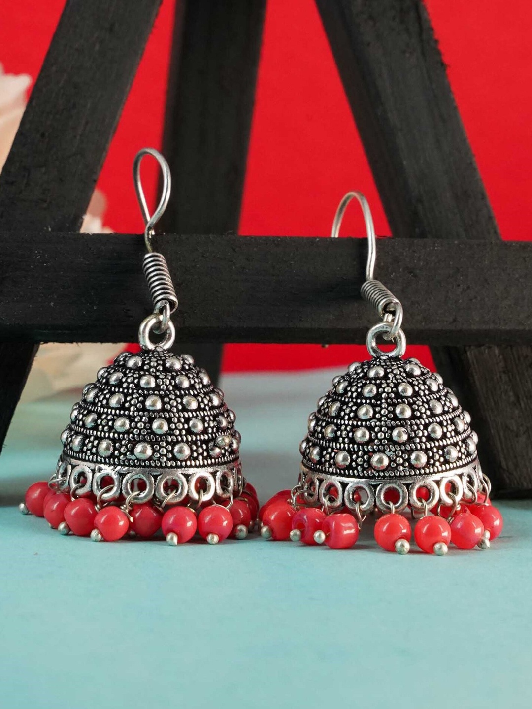 

GRIIHAM Red & Silver-Plated Dome Shaped Drop Earrings