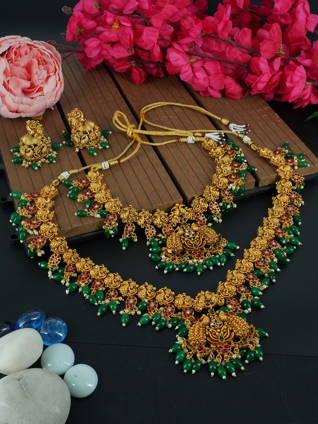 

GRIIHAM Gold-Plated Green CZ Stone & Beaded Details Jewellery Set