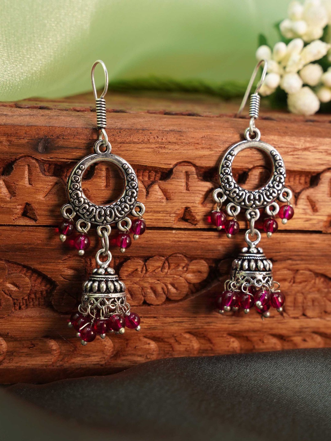 

GRIIHAM Maroon & Silver-Plated Contemporary Drop Earrings