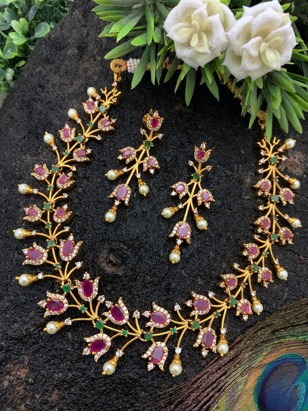 

GRIIHAM Gold-Plated Pink & White CZ-Studded Jewellery Set