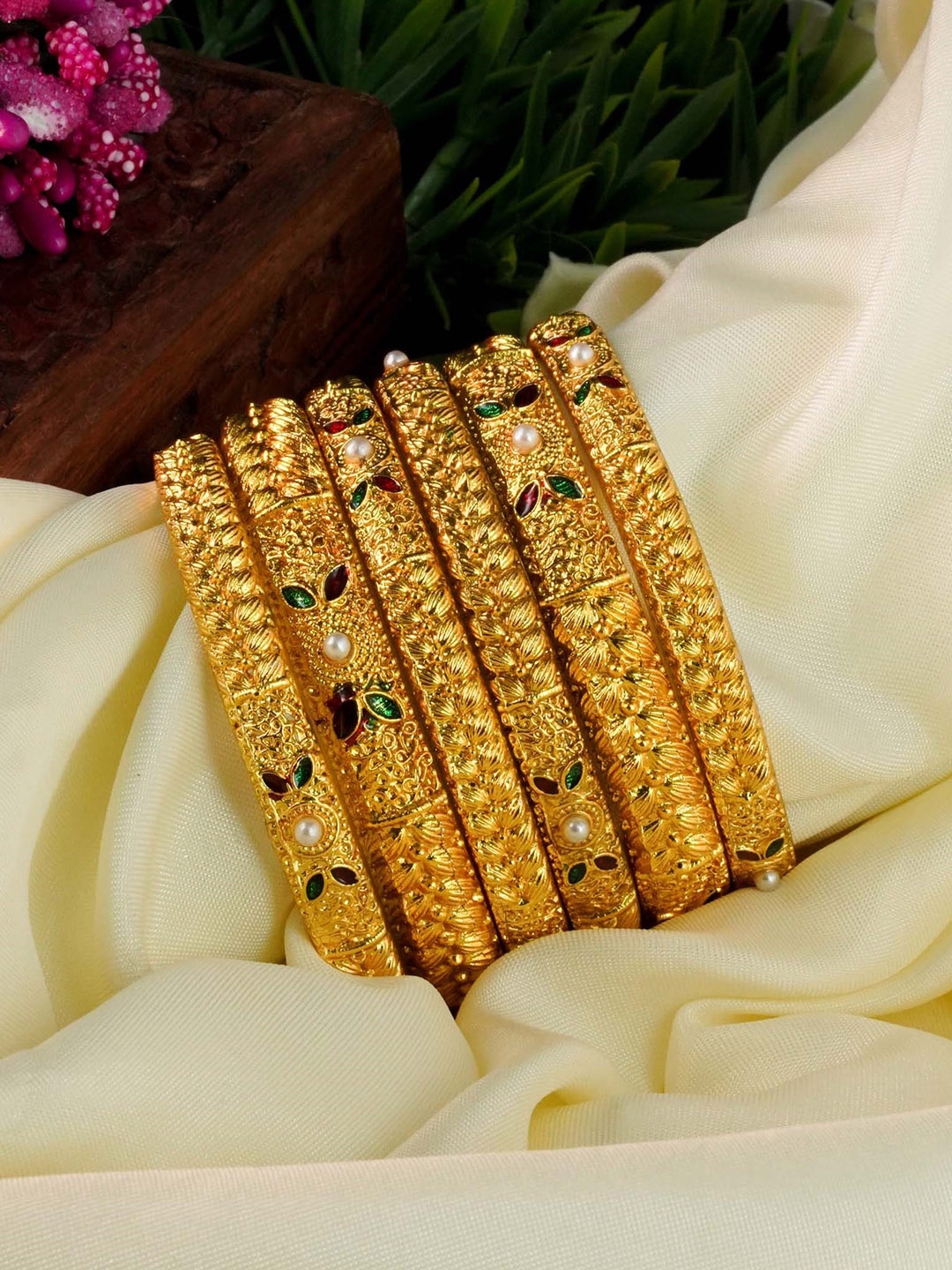 

GRIIHAM Set Of 6 Gold-Plated Red & Green AD Studded & Pearl Beaded Bangles