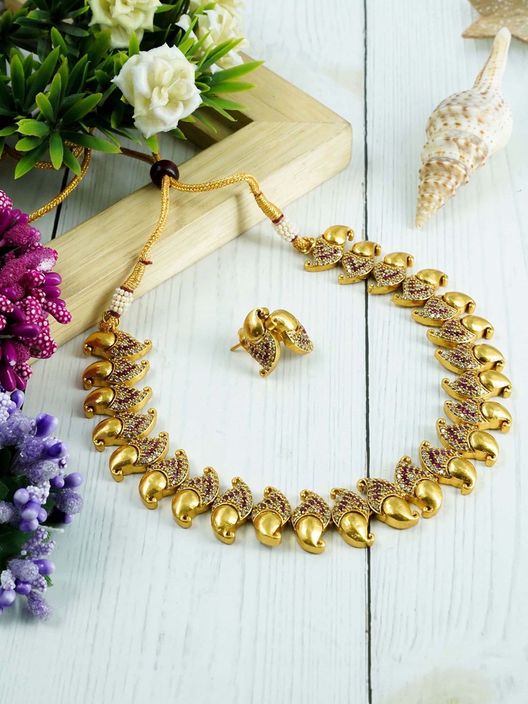 

GRIIHAM Gold-Plated White & Red CZ-Studded Jewellery Set
